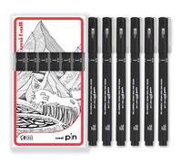 Uni Pin Fineliner - Bolígrafo de dibujo (tinta negra, 6 unidades, punta fina de 0,5 mm, en caja de regalo)