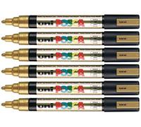 Uni Posca PC-5M Color Dorado Rotuladores de Pintura 2.5mm Medio Punta Redonda Punta Escribe en Cualquier Superficie Vidrio Metal Madera Plástico Tela (Paquete de 6)