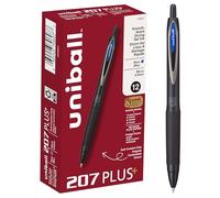 Uniball 207 Plus+ - Bolígrafos de gel retráctiles, paquete de 12 unidades en azul con puntas de micro punta de 0.5 mm, Uni-Super Ink+ es suave, vibrante y protege contra el agua, la decoloración y el