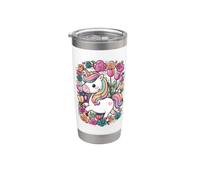 Unicornio kawaii con rosas y tulipanes. Vaso térmico de acero inoxidable de doble pared