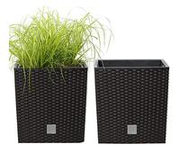 UNIFRAMPRO Macetas de plástico para Interiores y Exteriores, 2 Unidades, para Patio, Cubierta, jardín, Entrada, hogar, Maceta Cuadrada Rato, Estilo Mimbre/ratán (marrón Espresso)