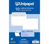 Unipapel | Pack 10 Sobres Papel 90g Blancos | 162x229mm | Cierre Recto con Tira Autoadhesiva Silicona Autodesk | Fácil Apertura | Certificado FSC | Perfecto para Cartas a4 Plegadas en 2 o a5 Completa