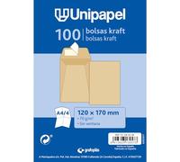 Unipapel - Pack 100 Sobres Papel Kraft 70g, 120x170mm, Bolsa Cierre Recto con Tira Autoadhesiva Silicona Autodesk, Apertura Superior, Elegante Papel Verjurado, Ideales para Documentos de Oficina