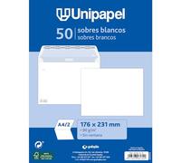 Unipapel - Pack 50 Sobres Papel 90g Blancos, 176x231mm, Cierre Recto