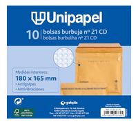 Unipapel - Sobres Acolchados Kraft para CDs con Papel de Burbujas Interior, Nº 21 180x165mm, Cierre Autoadhesivo, Pack 10 Unidades, Perfecto Para Envios Seguros y Protegidos, Certificado FSC