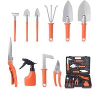 Uniqoos®: Juego de 10 herramientas de jardín – Kit completo para el cuidado de flores y plantas, con cuchillas de acero inoxidable resistente a la corrosión, mangos antideslizantes y caja de almacenam