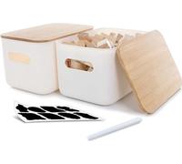 Uniqoos® - Juego de 2 cajas de almacenamiento con tapa de bambú: cajas de plástico blancas, apilables y encajables, con asas, 8 etiquetas + rotulador, 26 x 17,8 x 15,5 cm, 6,5 L