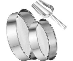 Uniqoos® Juego de 2 coladores de acero inoxidable para harina, malla fina de 40 (Ø15 cm + Ø20 cm), color plateado – coladores redondos para la cocina, ideales para hornear, incluye cuchara para harina