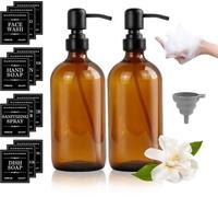 Uniqoos® - Juego de 2 dispensadores de jabón de vidrio marrón de 500 ml, con bomba de acero inoxidable 304, incluye 12 etiquetas resistentes al agua y un embudo plegable – para baño y cocina