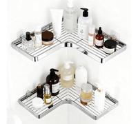 Uniqoos® Juego de 2 estanterías de esquina para ducha, acero inoxidable, sin necesidad de taladrar, con sistema de sujeción por ventosa o adhesivo, con orificios de desagüe, diseño triangular/en forma