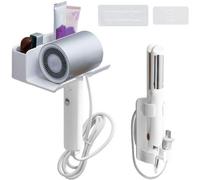 Uniqoos® - Juego de 2 soportes sin taladro para secador de pelo y rizador – sistema de fijación para pared y armario que ahorra espacio, color blanco, con sujetacables