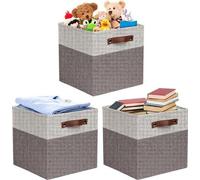 Uniqoos® - Juego de 3 cajas de almacenamiento plegables de 28 x 28 x 28 cm, fabricadas en lino y cartón, con asas de cuero – Ideales para organizar ropa, juguetes, libros, en color gris/blanco