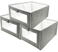 Uniqoos®: Juego de 3 cajas de almacenamiento plegables de lona (tejido no tejido) con ventana transparente y asa frontal – Organizadores para armario, estantería