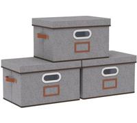 Uniqoos® - Juego de 3 cestos de almacenamiento grises, plegables, con tapa. Fabricados con tejido resistente y placa de soporte de PP, incluyen 2 asas de cuero y 1 asa de aluminio. Cajas de almacenami