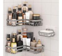 Uniqoos® Juego de 3 estantes grises para ducha, sin necesidad de taladro, fabricados en acero inoxidable SUS304, con ganchos, para baño y cocina, con una capacidad de carga de hasta 18 kg