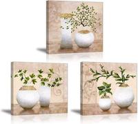 Uniqoos® Juego de 3 lienzos decorativos de 30 x 30 cm – cuadros de lienzo resistentes al agua con motivos de plantas y flores, aspecto de pintura al óleo, decoración para paredes de salones y dormitor