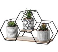 Uniqoos®: Juego de 3 suculentas artificiales, plantas decorativas de aspecto realista en macetas geométricas con soporte de metal y madera, ideales para baño, pared, estantería o mesa