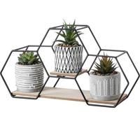 Uniqoos®: Juego de 3 suculentas artificiales realistas en macetas de cemento con un diseño de panal en relieve, color verde, que incluye un soporte de metal y madera. Ideal para decorar baños, salones