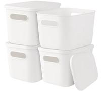 Uniqoos® Juego de 4 cajas de almacenamiento apilables con tapa, color blanco, material PP, dimensiones 26 x 18 x 16 cm. Versátiles, ahorran espacio y cuentan con asas para facilitar el transporte