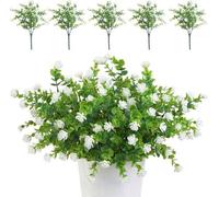 Uniqoos® - Juego de 5 flores artificiales: racimo decorativo blanco, resistente a los rayos UV, fabricado con plástico ecológico. Cada racimo contiene 7 tallos flexibles y 21 flores. Dimensiones: 13,7