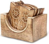 Uniqoos® Juego de 6 posavasos – posavasos de madera de mango hechos a mano, que incluyen un soporte, con diseño de búho, color claro, para tazas, café, té y vasos de vino