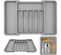 Uniqoos®: Organizador de cubiertos ajustable, color gris, con 6-8 compartimentos, almohadillas antideslizantes, fabricado en material PP, para cajones de cocina de 40-60 cm