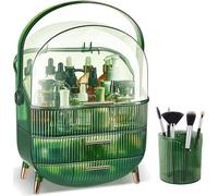 Uniqoos® - Organizador de maquillaje de 3 niveles, con soporte para brochas, 2 cajones extraíbles, tapa transparente, fabricado en ABS/PS resistente, color verde