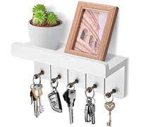 Uniqoos®: Tablero decorativo para llaves con espacio de almacenamiento – Estante de madera blanco para pared, con 5 ganchos, 25,5 x 8 x 10,5 cm, 244 g – ideal para la entrada y la cocina