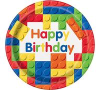 Unique Party 58235 Platos de Papel Fiesta de Cumpleaños de Bloques de Construcción, 8 Unidades, Multicolor,21.9 cm
