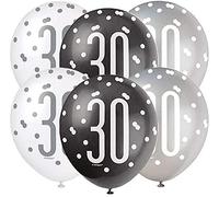 Unique Party - Globos de Cumpleaños 30 de Látex - 30 cm - Diseño de Negro y Plateado Glitz - Paquete de 6 (83385)