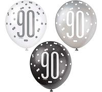 Unique Party - Globos de Cumpleaños 90 de Látex - 30 cm - Diseño de Negro y Plateado Glitz - Paquete de 6 (83391)