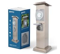 Unitec Columna de acero inoxidable con temporizador y 2 enchufes Schuko, distribuidor de enchufes, sin cable, para exteriores, IP44, color plateado.