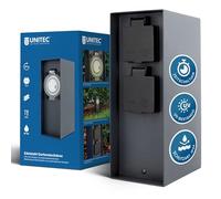UNITEC Distribuidor de enchufe para jardín, columna de enchufes con temporizador, enchufe exterior, acero inoxidable, IP 44, 2 tomas
