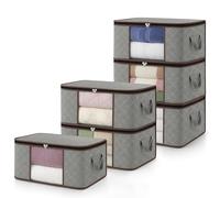 unycos - Cajas para Almacenaje de Ropa x 6【35L】 Bolsas Plegables con Ventana Transparente, Doble Cremallera y Asas Reforzadas, Organizador de Toallas, Edredones, Juguetes | Hasta 10 kg (Grey/Coffee)