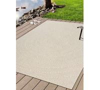 Unyqoos® - Alfombra KANSAS: Alfombra robusta para interiores y exteriores, diseño circular en color crema, resistente a la intemperie y a los rayos UV, aspecto de yute, 140 x 200 cm