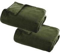 Unyqoos® Atmosphera, juego de 2 mantas de forro polar con estampado de cuadros, 125 x 150 cm, color verde oliva, 100% poliéster. Manta suave para sofá y cama, lavable a máquina