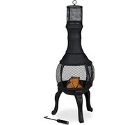 Unyqoos®: Chimenea de jardín – Horno para terrazas de hierro fundido, color , dimensiones (alto x diámetro) 113 x 38 cm, incluye rejilla para carbón, gancho para remover, protección contra chispas y t