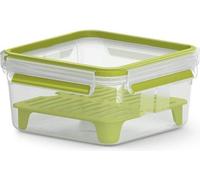 Unyqoos® Clip & Go, recipiente para sándwiches XL – fiambrera a prueba de fugas de 1,3 litros, cuadrada, con rejilla interior, transparente/verde claro, libre de BPA, apta para microondas