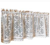 Unyqoos® Cortina corta de encaje – cortina de estilo rústico, tejida a mano, con motivos florales bordados y encaje de crochet, color beige, algodón, 90 cm de ancho x 45 cm de alto, ojales de 5 cm