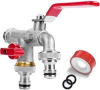 Unyqoos® Grifo doble para jardín, 3/4 de pulgada – Fabricado en latón, resistente a las heladas y a la corrosión, 2 salidas de 3/4 de pulgada, incluye cinta de sellado y 4 juntas, conexión para mangue