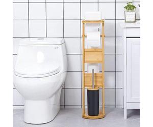 Unyqoos®: Juego de accesorios para baño 100% natural de bambú. Incluye un dispensador de papel higiénico independiente, un portacebro con tapa, un compartimento para rollos de repuesto, un soporte par