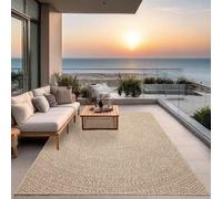 Unyqoos® Kansas: Alfombra robusta para interiores y exteriores, con un diseño circular natural, resistente a la intemperie y a los rayos UV. Material natural. Dimensiones: 140 x 200 cm
