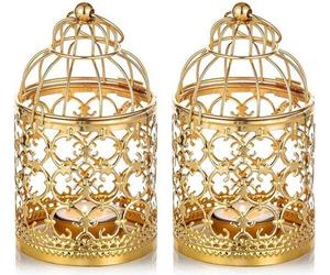 Unyqoos® Linterna colgante para velas, diseño de jaula de pájaros, metal, color dorado envejecido, juego de 2 unidades – centros de mesa decorativos para bodas, fiestas y exteriores