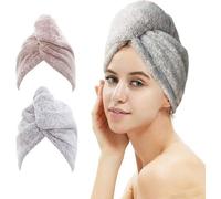 Unyqoos®: Pañuelo para el cabello de microfibra – toalla para secar el cabello de secado rápido con botón y anillo de sujeción, 25 x 65 cm, juego de 2 unidades (gris con estrellas, rosa con estrellas)