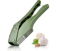 Unyqoos® Prensa de ajo 2 en 1: prensa y cortador, fabricada en plástico ABS, con cuchillas de acero inoxidable 304, apta para lavavajillas, incluye funda de silicona para pelar y cepillo, color verde/