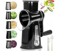 Unyqoos®: Rallador manual rotatorio – con 5 cuchillas de acero inoxidable intercambiables, manivela y ventosa, incluye caja para las cuchillas, pelador, embudo y cepillo