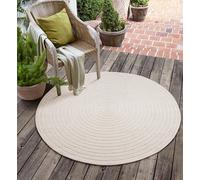 Unyqoos® Santo Plus: Alfombra exterior redonda, 160 cm de diámetro, color crema, fabricada en polipropileno, resistente a la intemperie y fácil de limpiar, con un delicado relieve circular en 3D, cert