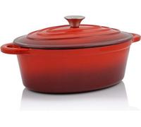Unyqoos® Sartén de hierro fundido ovalada, 4,3 litros, color rojo, esmaltada, con tapa, apta para inducción, ideal para parrilla, camping y horno