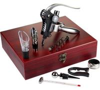 Unyqoos® Set de accesorios para vino de 10 piezas: incluye sacacorchos, aireador de vino, dispensador, anillo antigoteo, termómetro y cortador de film, todo en una caja de regalo de madera