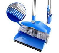 Unyqoos® Set de escoba y paleta – Escoba de pie con mango de 111 cm, ajustable a 95/126 cm, giratoria 180°, con borde de goma y peine de 3 cm, color azul